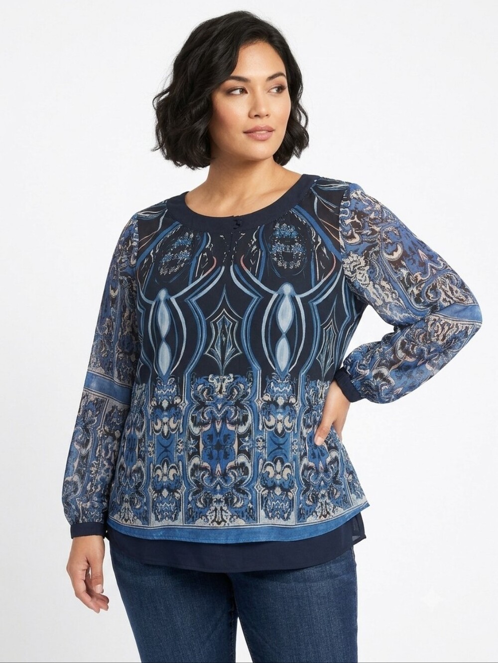 Avenue Plus Size Elegant Blue and Black Patterned Blouse